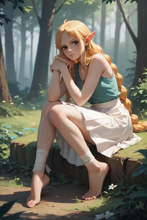 (one piece oc) sexy elf with long blond hair and bandages wrapped tightly around her neck and ankles. in a long white skirt in the woods