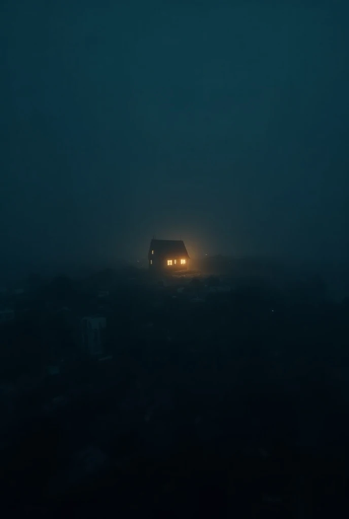  create a video with the night scene from the aerial view of a city where all the lights are off but only a small house in the center has the lights on