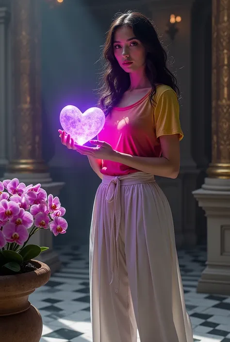 A beautiful woman wearing a red yellow green gradient t-shirt long belted white pants stands holding a glowing purple love shaped crystal inside the castle room with an expression of focus on the camera looks an urn with charming orchid flowers 