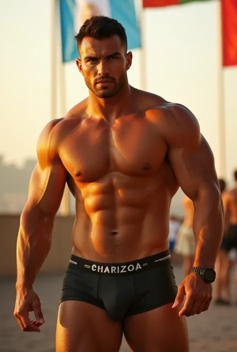 Nicholas Alexander Chavez, (handsome muscular,tanned skin),chiseled jaw,strong physique, wearing tight boxer briefs, well-defined physique. His skin glistens with sweat, highlighting his bulging muscles. The scene is bathed in the warm golden light of the ...