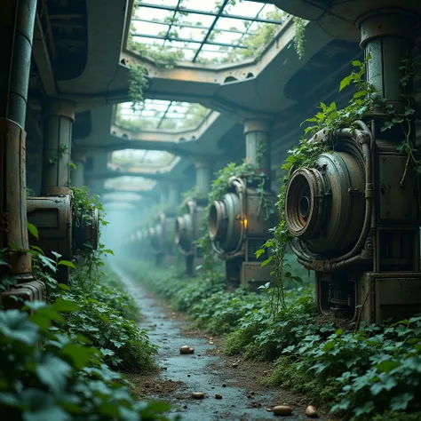 ruins、 abandoned research facility 、Plants are entangled in machines、Ivy（ is entangled in the machines control device and emits light {x} entangled in the machine and emits light, supplying energy to the main part of the machine）、clematis（ entangled in dam...