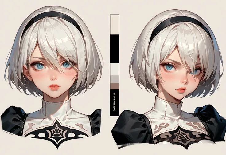 character sheet desing 2b from nier automata, only head. beauty face, perfect proportion, beauty, ultra detailed face. view: fro...