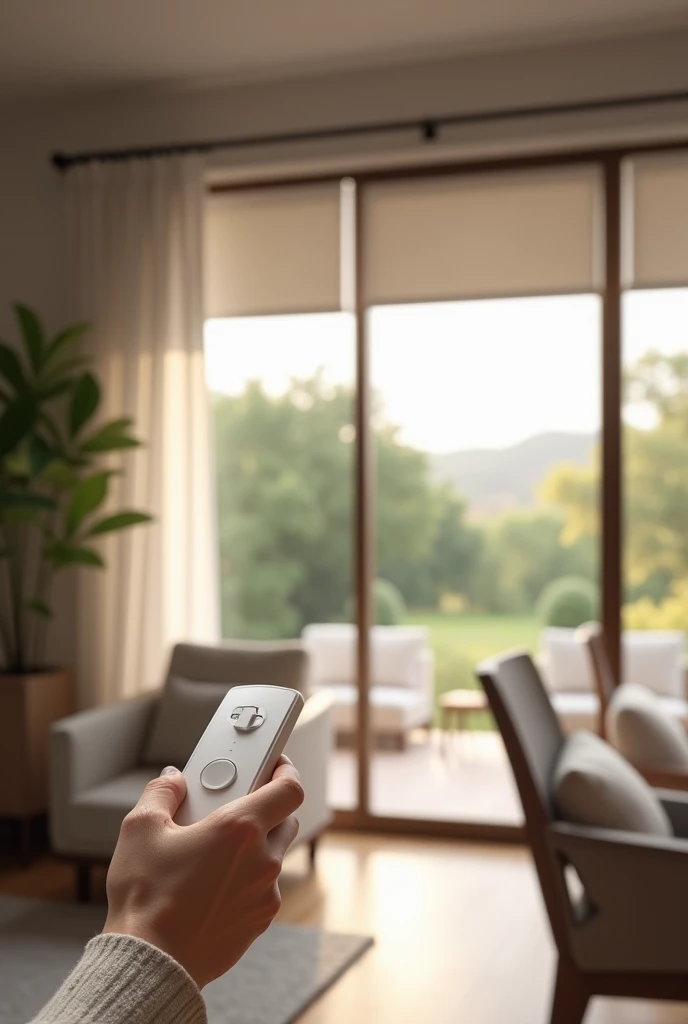  Roller curtains showing that they can be used remotely in a home. The image must be as real as possible and the remote control must come out