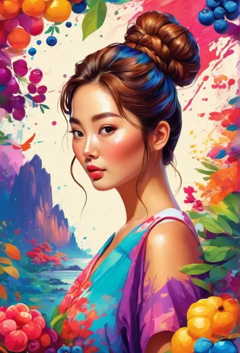 A slightly chubby beautiful korean girl, brown hair bun up korean style, wear A t-shirt with vector art, With many colorful blueberry illustrations, At the center, swirly vibrant colors, paint splashes and smears, high détail, full body, Hawaiian style bac...