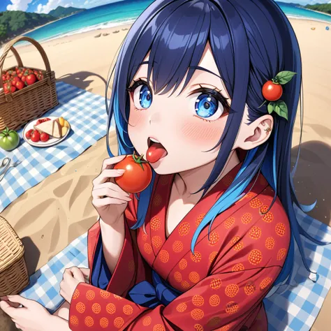 (Best masterpiece, High resolution:1.5), (8K, RAW photo, Fisheye effect, Perfect anatomy, Golden ratio:1.3), Professional photo, Pointillism, Gaze, Japanese idol, (Real:0.5), (Eating a very small tomato: 1.5), (Tomato pattern, red yukata: 1.5), (Picnic on ...