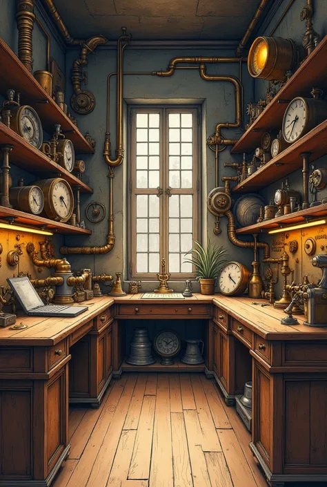 Steampunk interior one perspective drawing in landscape 