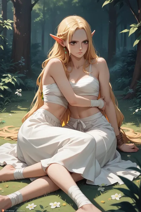 (one piece oc) sexy elf with long blond hair and bandages wrapped tightly around her wrist, neck, and ankles. in a white top and long white skirt in the woods