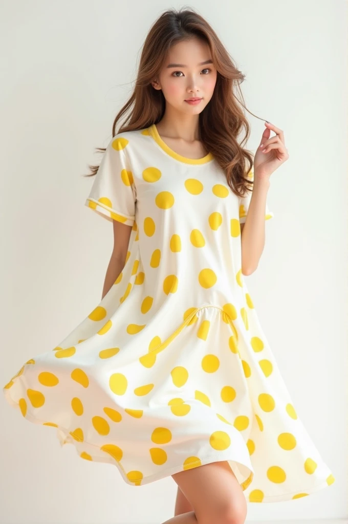 Make an image of a woman wearing dress-like pajamas in the color white and yellow polka dots 