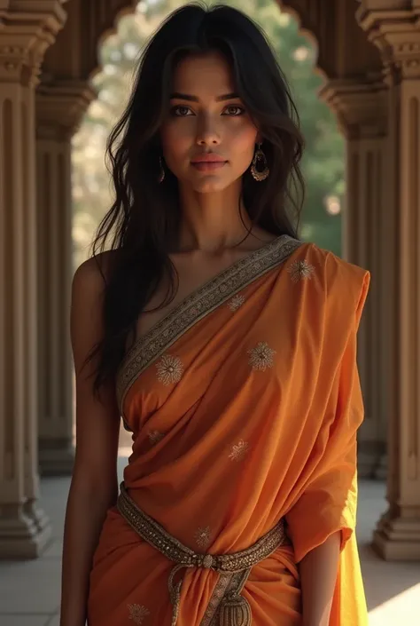 Traditional Indian girl wearing nothing on top and sari under her waist