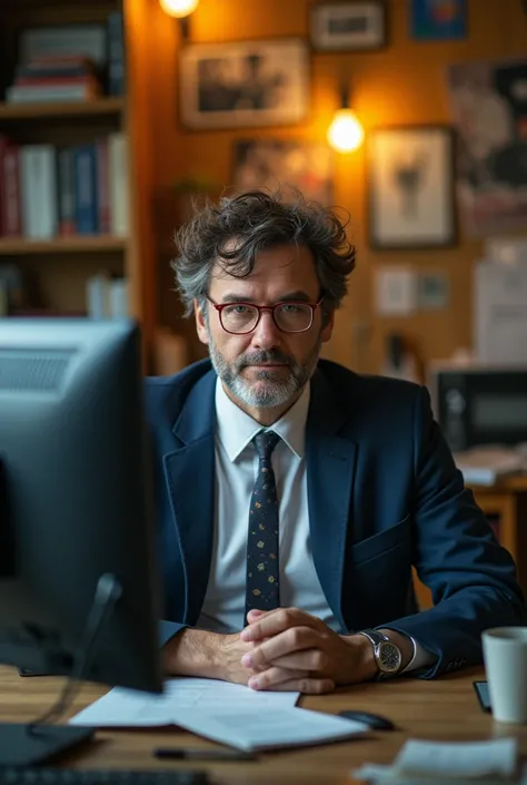 a vibrant and highly detailed cinematic photograph of a 40-year-old man with a calm expression, sitting in a cluttered office, surrounded by scattered papers and empty coffee cups, in front of a modern computer with a normal operating system, three monitor...