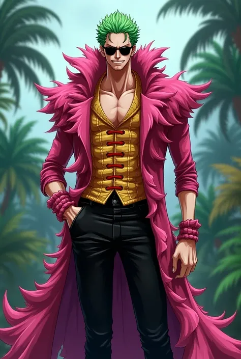 Roronoa Zoro dressed as a flamingo donquixote
