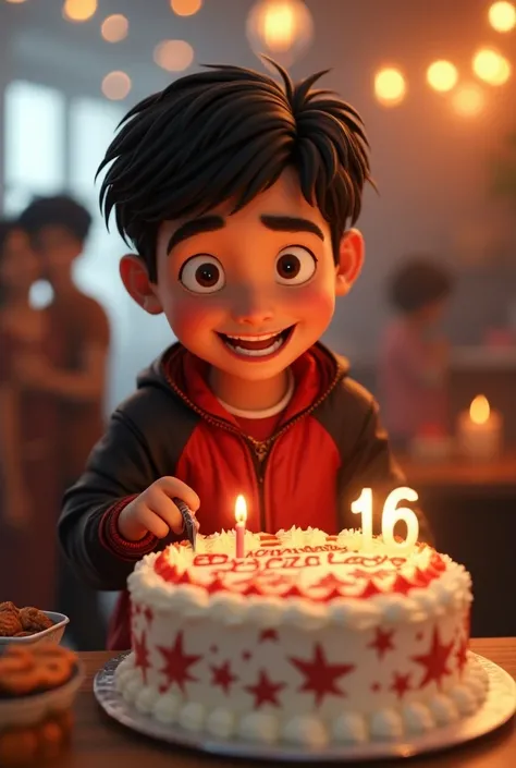 A boy his birthday today his name is Rolex and his age is 16 is so happy to his birthday celebrated his cloth colour is red and black and he is cutting cake , cake size is so big and written the cake Rolex 