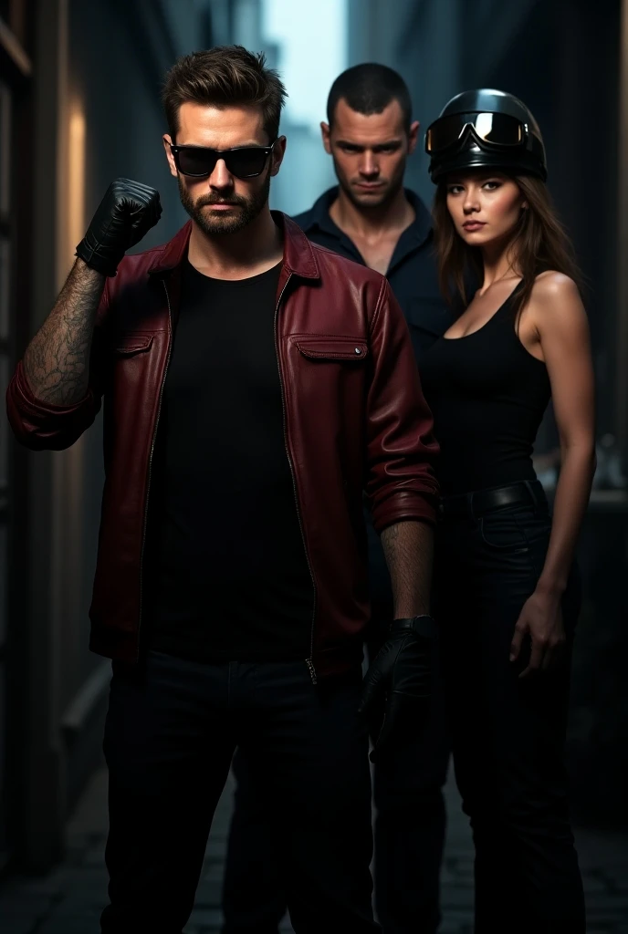 A handsome young man wearing sunglasses, wearing a black shirt, wearing a red leather jacket, wearing black gloves. His right fist is raised forward with a serious facial expression. On his right is a muscular man, wearing a black singlet, and his facial e...