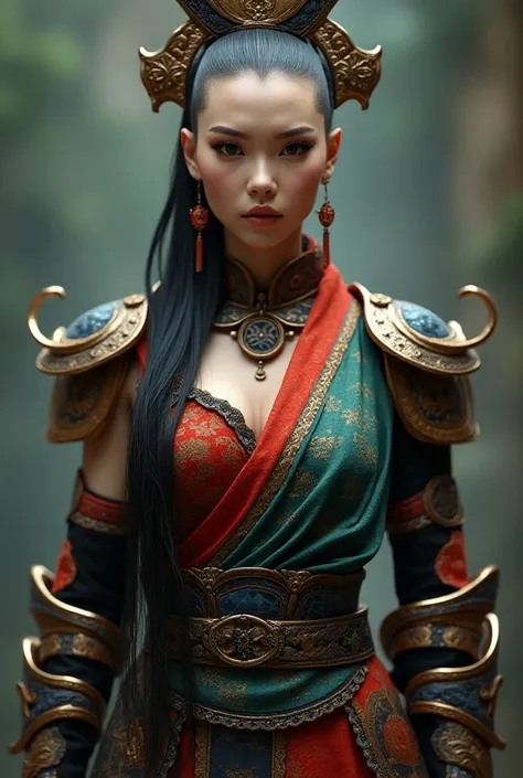 A beautiful, attractive bold & sculp no hair monk girl, a native monggol facial features, wearing cyberpunk design  complete armor, a nice & clean bold no hair sculp head, treasure quality clothing color, (wearing a native monggol cold multi color clothing...