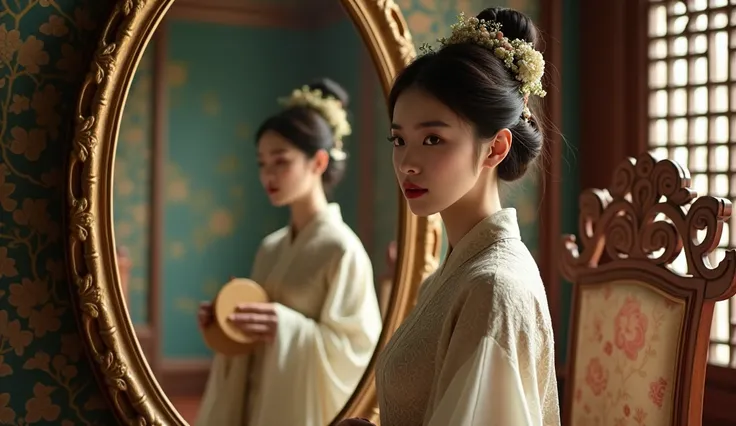 photograph captures a young Chinese woman dressed in traditional Chinese costume sitting in front of an intricately decorated large mirror. She is wearing a long, flowing robe with intricate patterns and a floral headband in her hair. Her reflection in the...