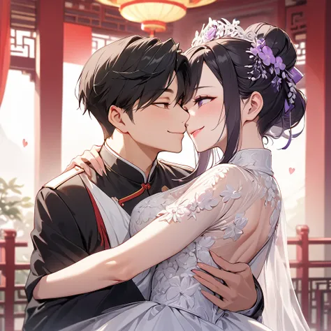 The woman who is a member of the Chinese Communist Party physically and mentally has beautiful black hair, wears a bridal gown with purple gradation color, pledges absolute loyalty and love to a great Chinese Communist Party executive, hug and kiss the gre...