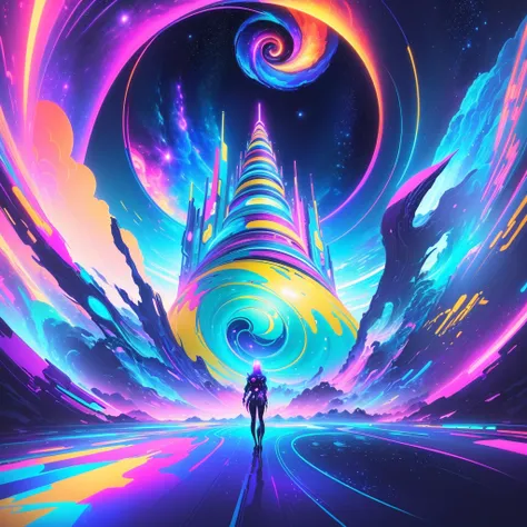 brightly colored abstract painting of a futuristic space with a spiral, jen bartel, dreamy psychedelic anime, colorful concept art, endless cosmos in the background, background artwork, anime abstract art, background art, holographic space, surreal psyched...