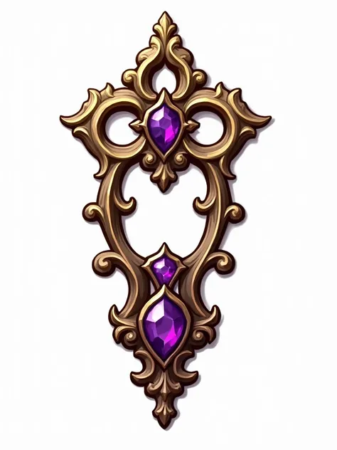  side handle of a chest, metallic, baroque ornaments ,  amethyst stone on the tip , stylized vector drawing,  White background