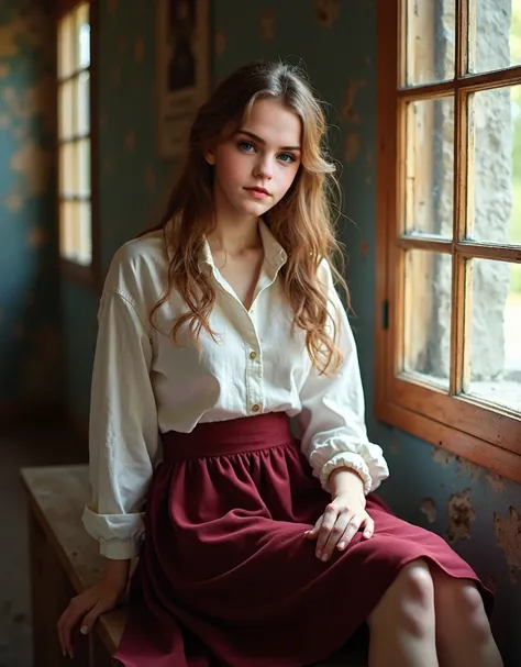 8K quality, photorealistic photos. Charming, sweet and young 15-year-old French Caucasian girl, witch Hermione, adorable sweet face highlighting her youthful appearance, long brown hair. She has a contemptuous and provocative half-smile and red lipstick. S...