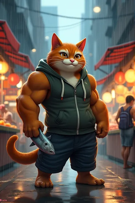 Visualize an anthropomorphic cat in a bustling city market scene. The cat, muscular and wearing a sleeveless hoodie, holds a fish in one hand while standing confidently in the rain. The background features lively market stalls and a sense of urban life. Em...