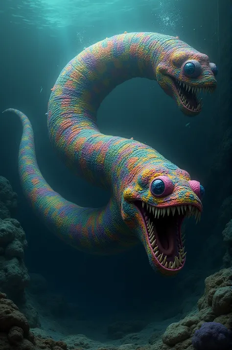 A large worm mixed with crayons under the dark, dark sea