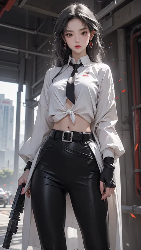  1 girl,  close-up shot , (Gray Hair, curly hair,  big breasts at the temple, red eyes),  COMPLETE ANATOMY, city,  cyberpunk style , (( white shirt ,  Black Jacket ,   black skirt  , belly button, belt,  BLACK GLOVES, tie, watch,  earrings for a woman alon...