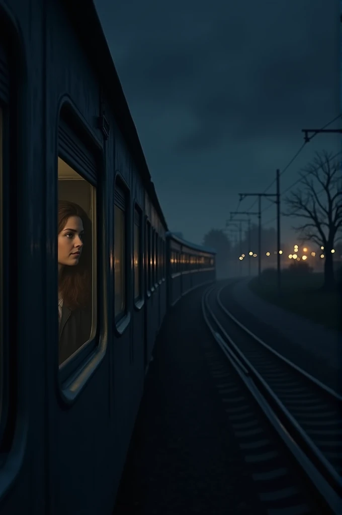  The train moving away in the dark , leaving behind the city .  The lights of the buildings and the station flicker in the distance.  Sofia appears looking out the window , thoughtful,  while the shadows of the night cover the landscape .

