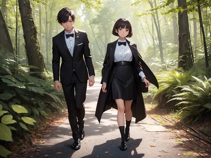 ((best quality)), ((masterpiece)), (detailed), 1girl, asian young woman, short bangs, brown hair, brown asian eyes, feminine, bowtie, black tuxedo jacket, black dress skirt, short white socks, fancy black shoe, walking in a forest