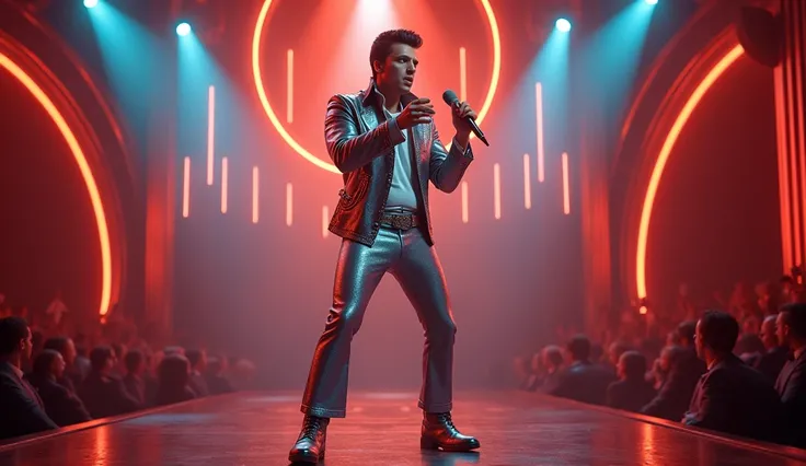 Maximum quality masterpiece, 4k resolution, (best quality,4k,8k,highres,masterpiece:1.2), ultra-detailed, (realistic,photorealistic,photo-realistic:1.37), HDR, A handsome performer, reminiscent of Elvis Presley, takes the spotlight on stage, wearing a styl...