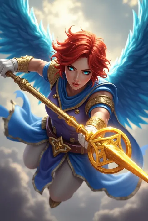  Warrior woman with short flaming red hair and gold on the tips  , Her eyes are turquoise mixed with red and shine with an  (armor)  her bib is violet and she wears pants  (bright white olgados ) A golden aura emanates from her and she has a war scepter th...