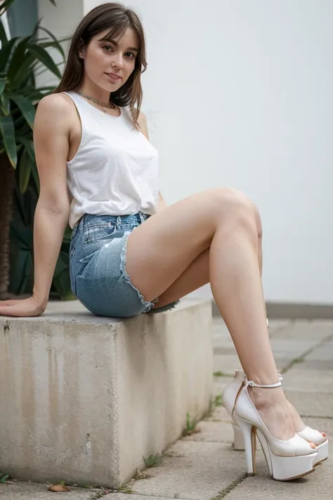 30 year old woman, white, imitating a dog , wearing very short denim shorts, sexly, wearing high heels, full body photo and an ankle bracelet.