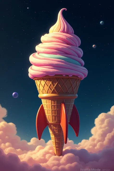 Create an image of an ice cream cone whose cone is a rocket and the ice cream ball is inspired by a planet and the background of the image is in space