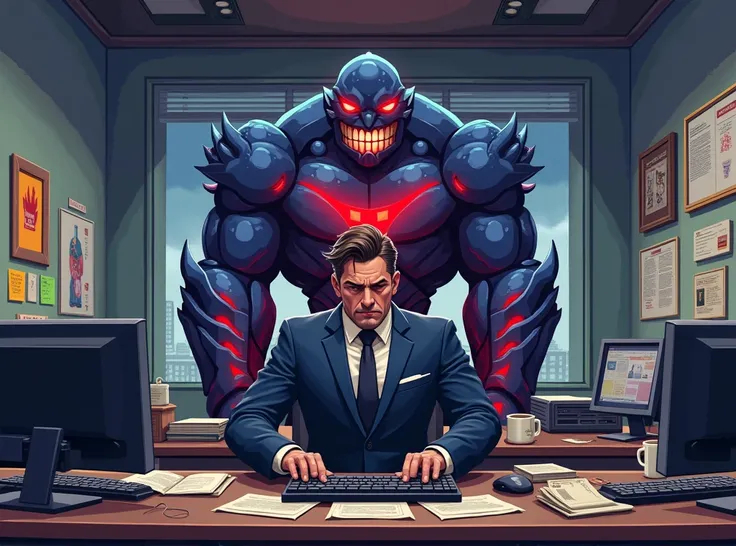 A pixel art scene of an office setting where a man, dressed in a typical office suit, stands nervously at his desk, holding a keyboard like a weapon. The room is filled with small office details: computer monitors, sticky notes, coffee mugs, and scattered ...