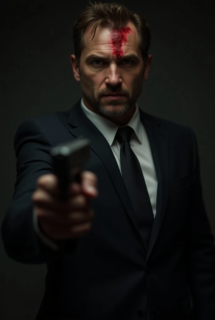 Man in a black suit with brown hair with brown eyes and blood on his head holding a gun in his hand 