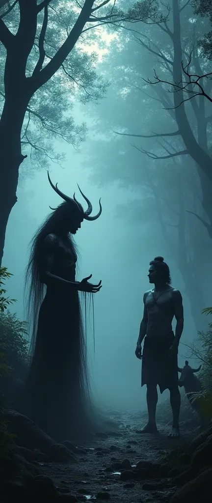 "The shadowy demon (pishach) with a respectful expression, gesturing as if asking permission to tell a story to Lord Shiva. Shiva listens intently, with Nandi standing attentively beside him in the misty, dark forest."