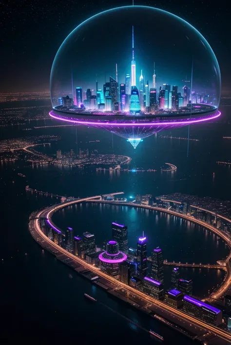 Establishing wide: A futuristic space city floats amidst a star-filled night sky, with towering buildings that glow brightly in neon blue and purple lights. The architecture is sleek and advanced, with unique, curved designs that evoke a vision of the futu...