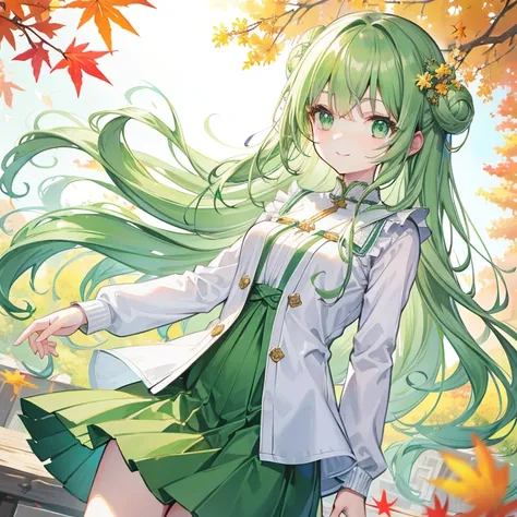 Transparent green long wavy hair ， wearing a soft knit and skirt，Pale green eyes，very cute sweet girl 、autumn、 Soft Light 、smile