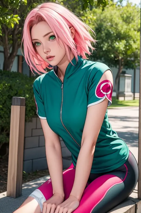 1 girl,  haruno sakura ,   ,  Pink hair,  green eyes,  short hair, front protector, short sleeves, Lycra shorts color black medium breasts growing sleeveless shirt your arms outdoors High resolution, HD model,  masterpiece , 