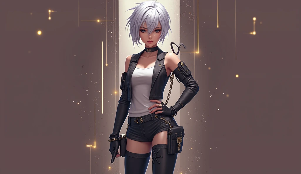 (extremely detailed CG unity 8k wallpaper, masterpiece, best quality, ultra-detailed), (best illumination, best shadow, an extremely delicate and beautiful), a cool, dynamic, and original young girl character with a (dynamic pose) and silver (pixie cut hai...