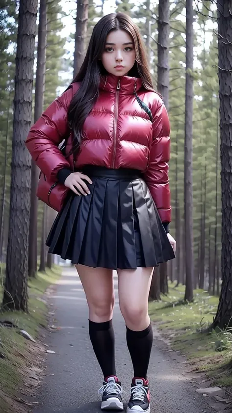 Mean curvy beautiful young schoolgirl ,  beautiful  teen face, short black silk skater skirt,   a young girl in a short black pleated skirt, wearing in a red puffer short shiny puffer, brunet long hair,  beautiful eyes, black stockings,  sneakers on high p...