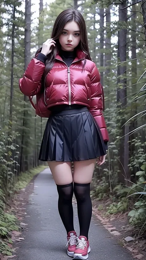 Mean curvy beautiful young schoolgirl ,  beautiful  teen face, short black silk skater skirt,   a young girl in a short black pleated skirt, wearing in a red puffer short shiny puffer, brunet long hair,  beautiful eyes, black stockings,  sneakers on high p...