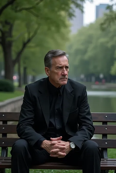 Man sitting on a bench in black clothes thinking about life