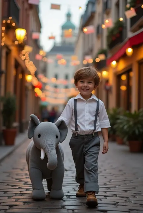 " Create an image of a child dressed in a white shirt , gray pants and gray suspenders ,  walking alongside a gray stuffed elephant on a cobblestone street illuminated with colorful lights and festive flags hanging."