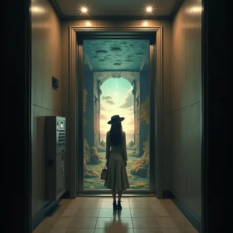 Mysterious elevator 、Basket control panel on the side and elevator girl on the edge、 felt hat with brim and subdued color womens suit、White handbag、Hat ribbon、(When the back door opens, it connects to another dimension、 strange and wonderful scenes unfold:...