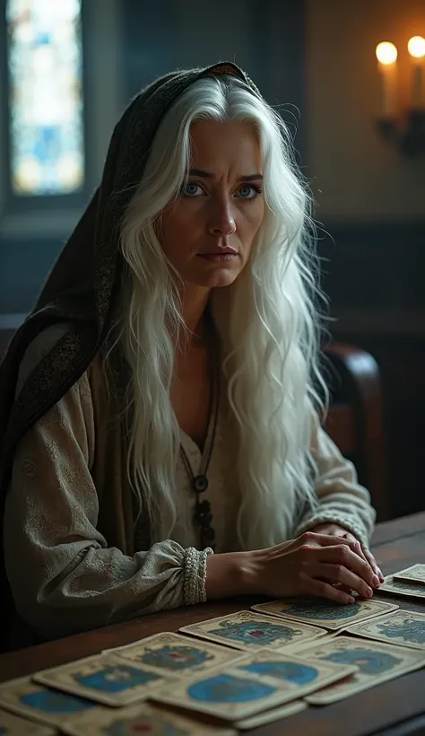 A cinematic photo of an middle age woman with wisdom and mystique reading Tarot cards kept on a table.she has long white hair , She looking to camera wear yalo beautiful handcraft  clothes and blue eyes . she wear handcraft scarf partially on hair , she lo...