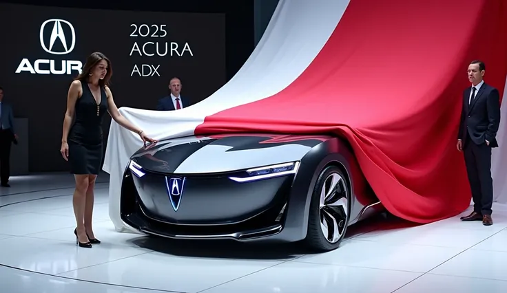 A sleek white 2025 Acura ADX is unveiled at a car show, partially covered with a stylish red and white fabric being held back by a woman in a black dress. The car is positioned on a pristine, white tiled floor, with the Acura logo and 2025 Acura ADX promin...