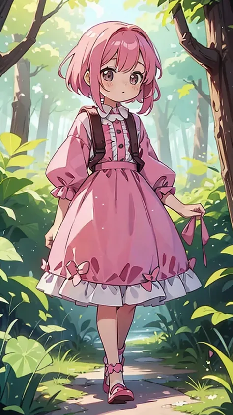 A girl with pink hair and a stylish dress walks into the forest and gets lost mysteriously, her eyes are pink. Medium length hairstyle Anime