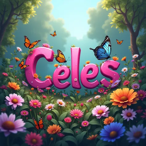  A background that is about butterflies , flores, etc.,  with the name Celes in striking, fuchsia colored, with a capital initial .