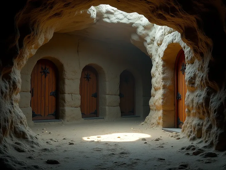 cavern room with four wooden doors