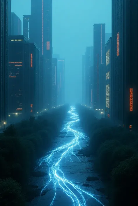 Draw a surrealist night background with a river of rain in the city center and , cyberpunk with buildings and woods